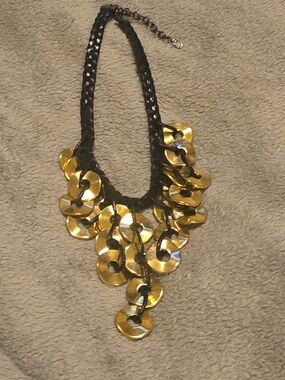 Gold Disc Statement Necklace with Black Braided Cord